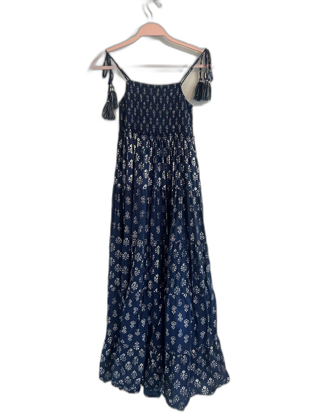 Debbie Katz Navy Floral Smocked Maxi Dress Tie Shoulder Tassels Boho Cottagecore